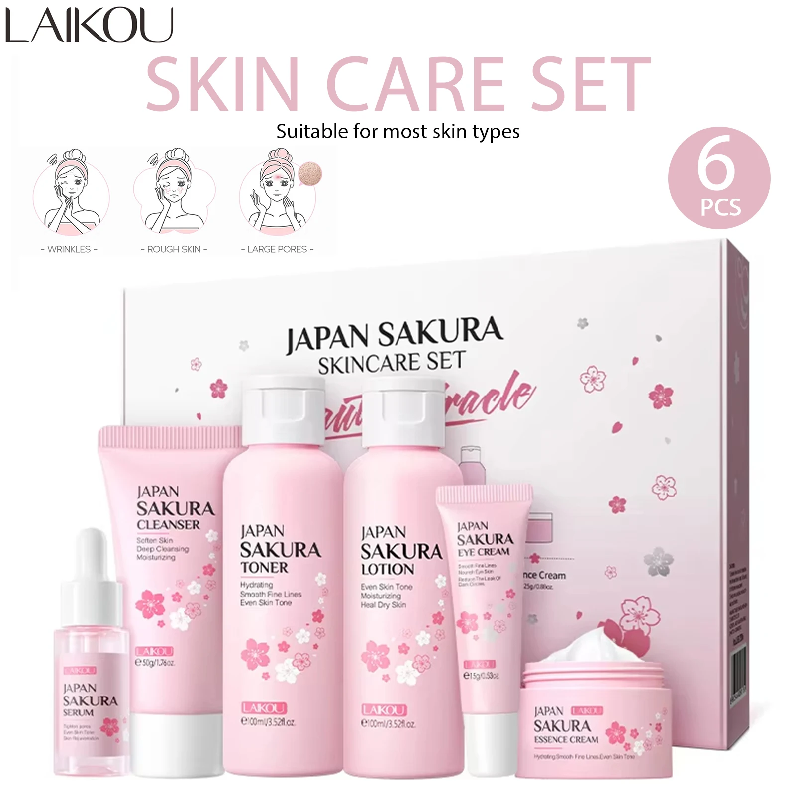 Набор для ухода за кожей Сакура (очищающее средство, тоник, сыворотка, крем для глаз, эссенционный крем, лосьон), 6 шт., контроль жирности, увлажнение, питание гладкой кожи
Набор для ухода за кожей Сакура (очищающее средство, тоник, сыворотка, крем для глаз, эссенционный крем, лосьон), 6 шт., контроль жирности, увлажнение, питание гладкой кожи