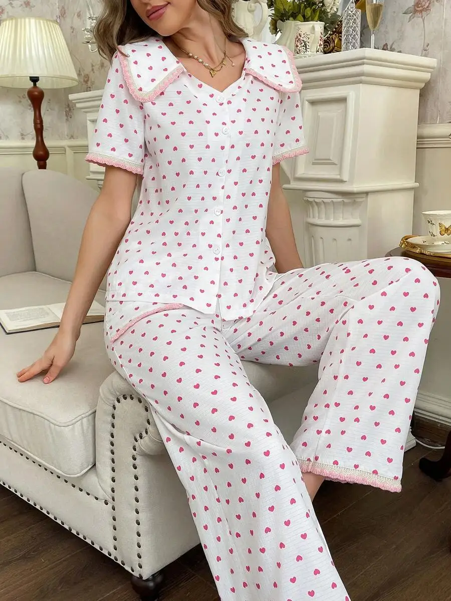 Women Heart Print Pajama Set With Contrast Trim Collar And Short Sleeves
Women Heart Print Pajama Set With Contrast Trim Collar And Short Sleeves