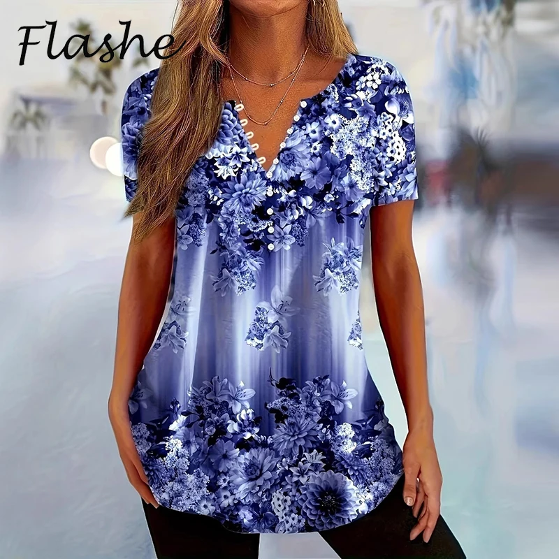 Summer Women Casual Printed T-Shirt V Neck Short Sleeve Button Tops Female Fashion Loose T Shirts For Women Pullover
Summer Women Casual Printed T-Shirt V Neck Short Sleeve Button Tops Female Fashion Loose T Shirts For Women Pullover