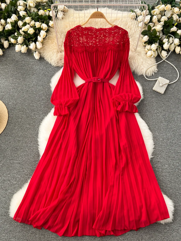 Elegant Women's French Pleated Dress Summer Lace Slash Neck Sexy Hollow Lantern Sleeves Vintage Party Dresses Long Robe
Elegant Women's French Pleated Dress Summer Lace Slash Neck Sexy Hollow Lantern Sleeves Vintage Party Dresses Long Robe