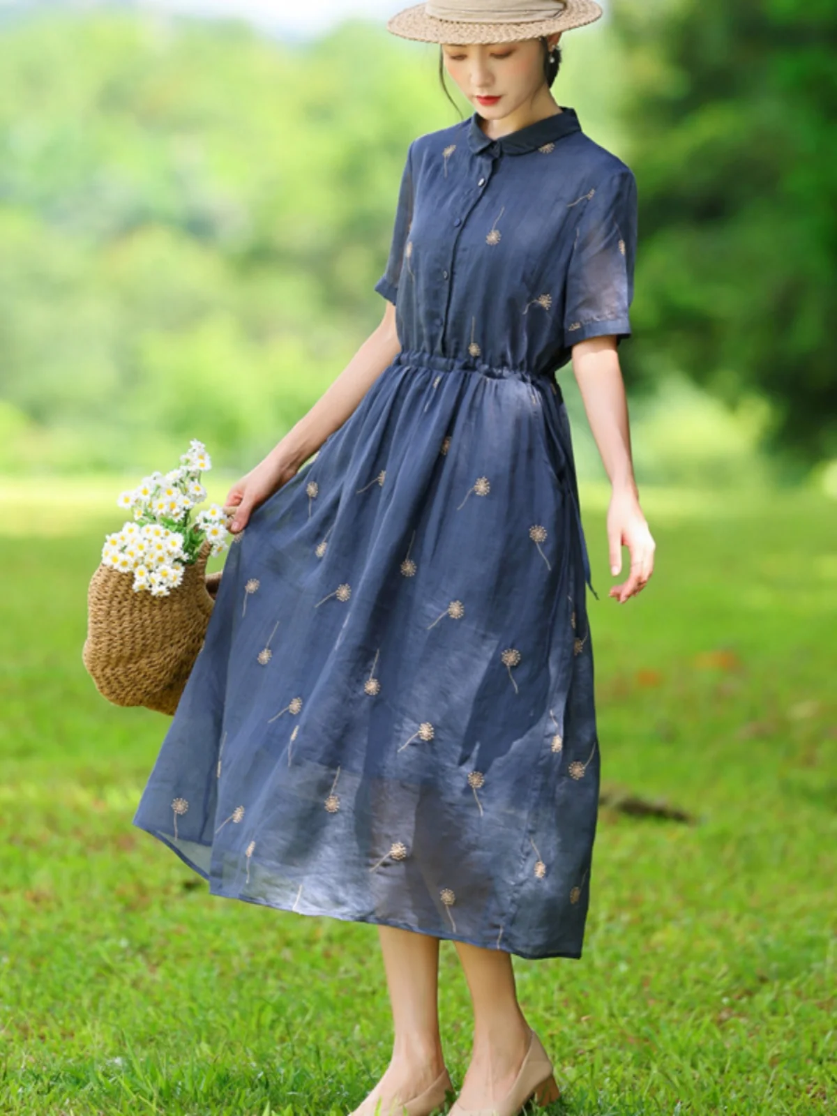 Elegant High-End Cotton Linen Shirt Dress Women's New Chinese Style Slimming Waist High Waist A-Line Midi Dress
Elegant High-End Cotton Linen Shirt Dress Women's New Chinese Style Slimming Waist High Waist A-Line Midi Dress