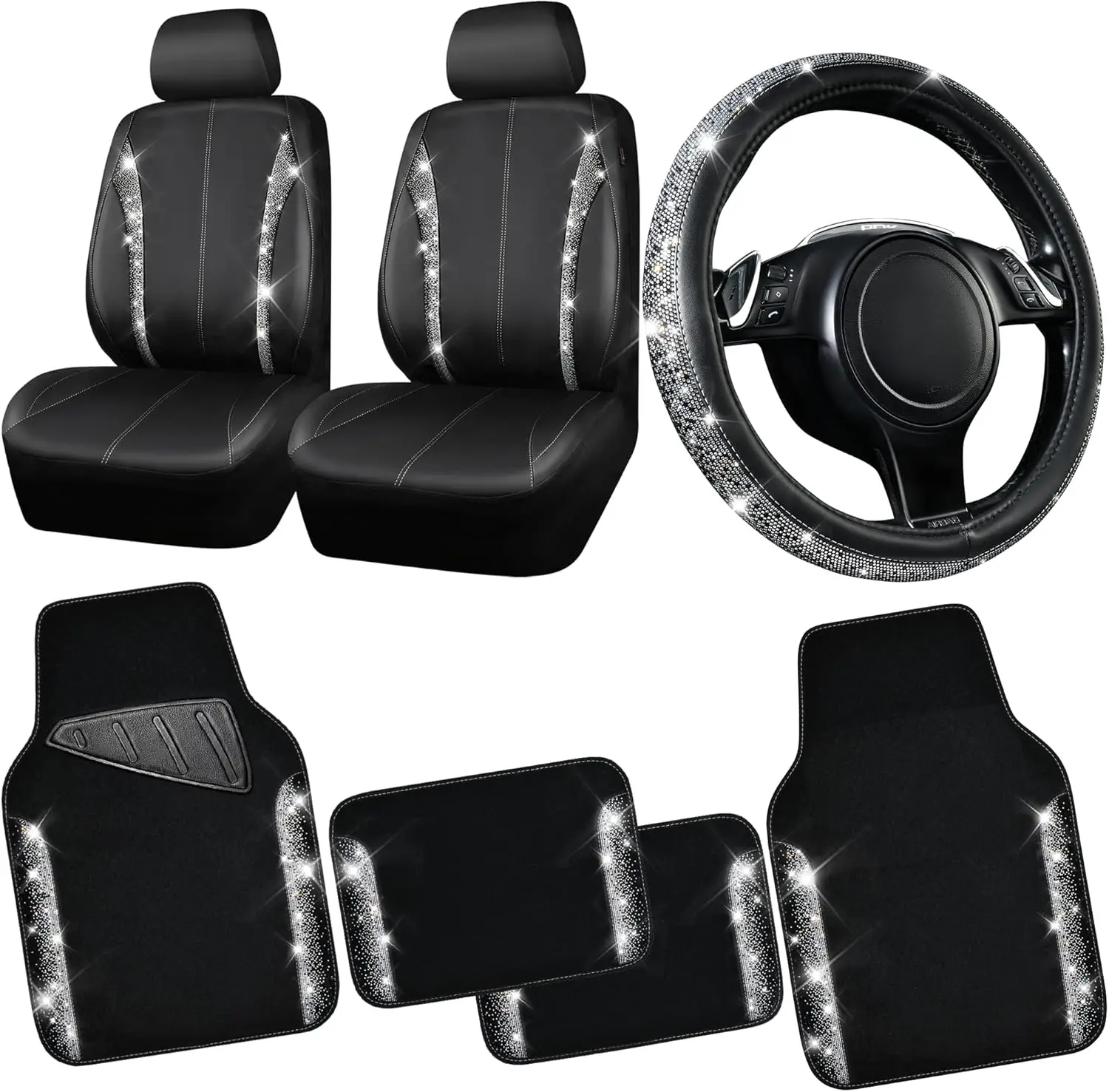 Sparkling Car Seat Covers, Floor Mats & Steering Wheel Cover Set - Waterproof & Universal for SUVs in Black Silver
Sparkling Car Seat Covers, Floor Mats & Steering Wheel Cover Set - Waterproof & Universal for SUVs in Black Silver