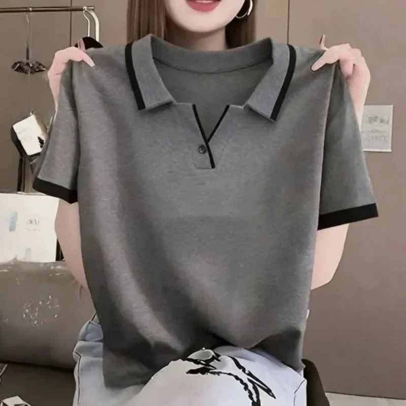 Grey Solid Color Polo Neck Short Sleeve Blouse Women Casual Loose Fit Summer Top Lightweight Cotton Blend Shirt
Grey Solid Color Polo Neck Short Sleeve Blouse Women Casual Loose Fit Summer Top Lightweight Cotton Blend Shirt