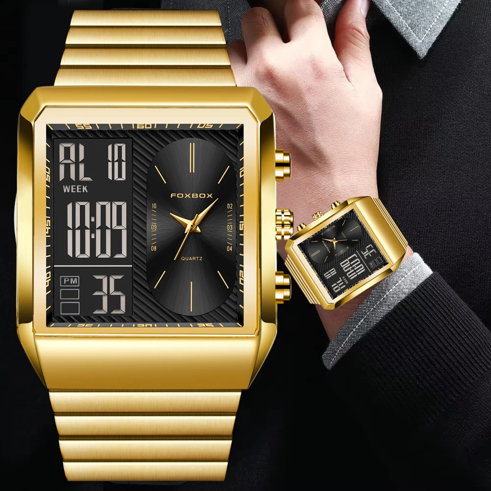 FOXBOX Creative Watch For Men Square Stainless Steel Gold Quartz Wristwatch Waterproof LED Backlight Alarm Digital Chronograph
FOXBOX Creative Watch For Men Square Stainless Steel Gold Quartz Wristwatch Waterproof LED Backlight Alarm Digital Chronograph