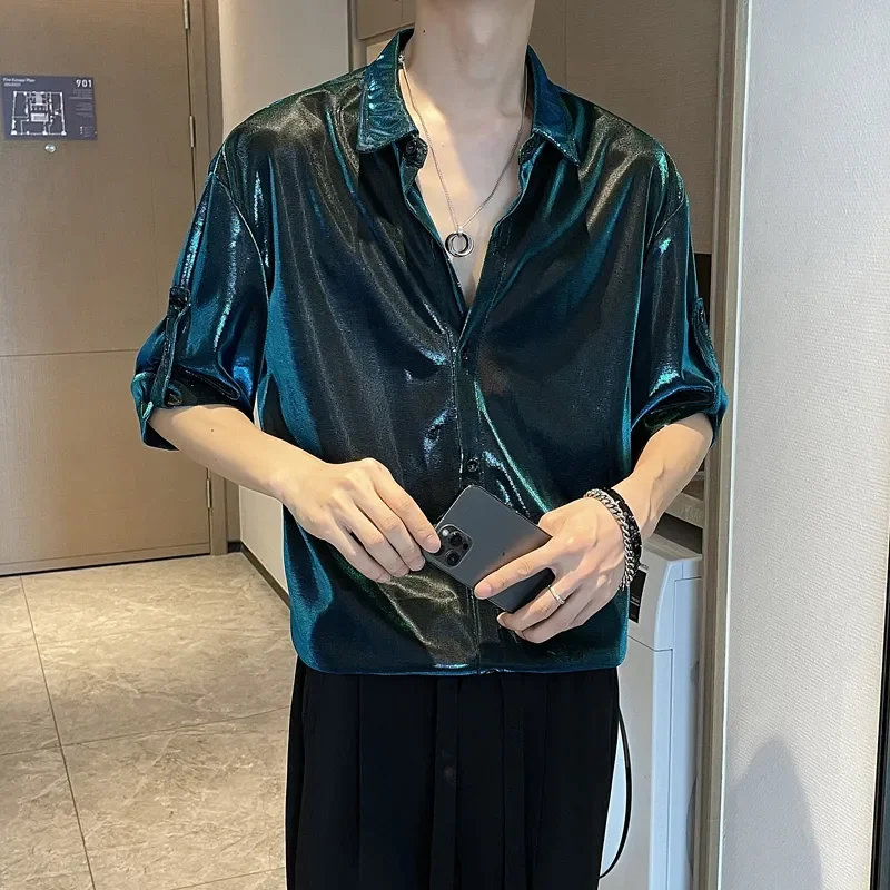 Shiny Satin Short Sleeve Shirt For Men Party Street Style Casual Wear With Button Front Design
Shiny Satin Short Sleeve Shirt For Men Party Street Style Casual Wear With Button Front Design
