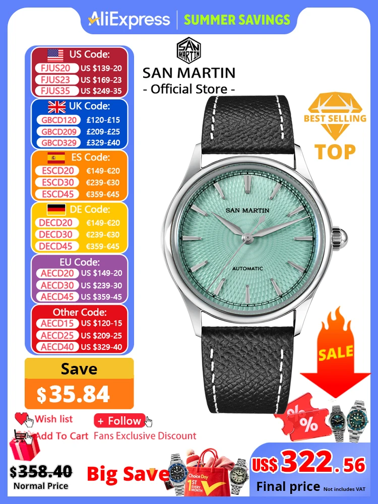 San Martin 37mm Men Dress Watch 3D Textured Dial ST1812 Casual Fashion Automatic Mechanical Sapphire Clear Caseback SN0110
San Martin 37mm Men Dress Watch 3D Textured Dial ST1812 Casual Fashion Automatic Mechanical Sapphire Clear Caseback SN0110
