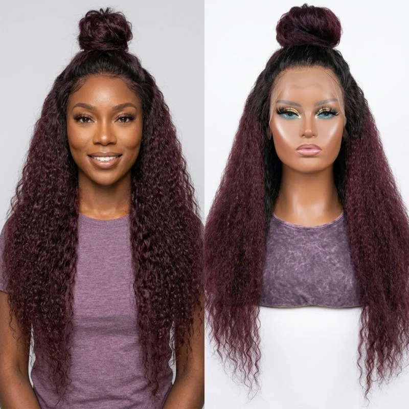 24 Inch 13x4 Lace Front Ombre Black to Burgundy Kinky Curly Synthetic Wig, Pre Plucked Hairline, Heat Resistant Fiber for Women
24 Inch 13x4 Lace Front Ombre Black to Burgundy Kinky Curly Synthetic Wig, Pre Plucked Hairline, Heat Resistant Fiber for Women