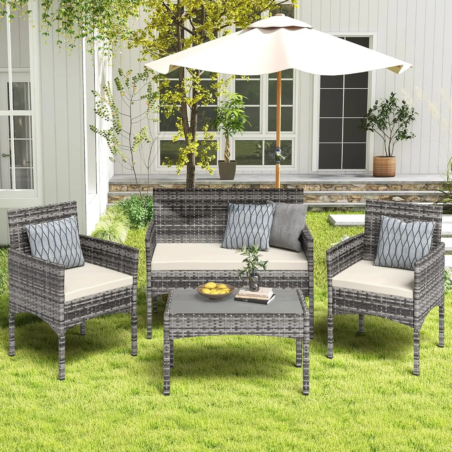 4 Pieces Patio Furniture Set, Outdoor Wicker Rattan Patio Conversation Furniture Set with Waterproof Cushion and Table
4 Pieces Patio Furniture Set, Outdoor Wicker Rattan Patio Conversation Furniture Set with Waterproof Cushion and Table