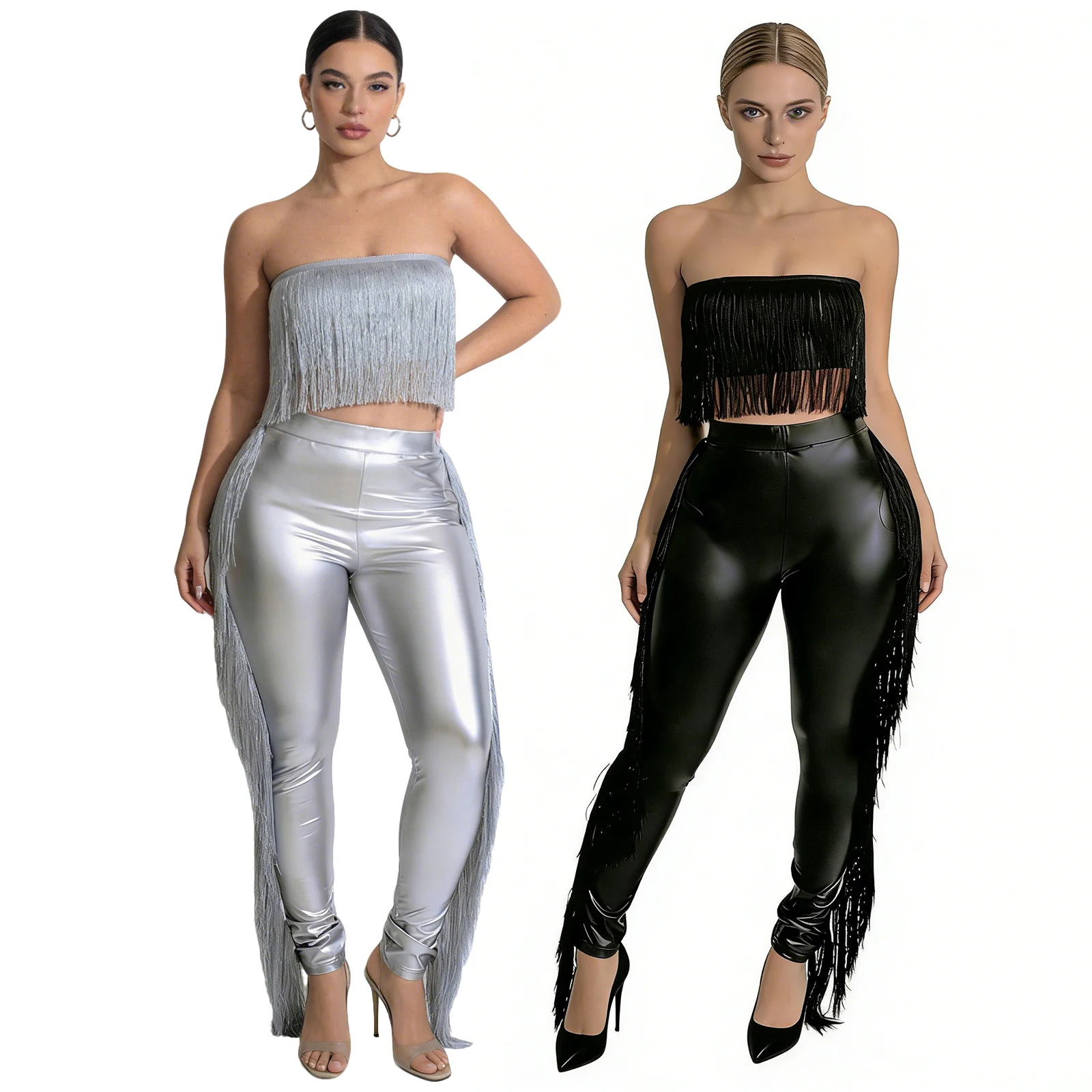 Womens Metallic Shiny Fringed Outfit Strapless Front Tassel Crop Tube Top and High Waist Side Tassel Leggings Pants Stretchy
Womens Metallic Shiny Fringed Outfit Strapless Front Tassel Crop Tube Top and High Waist Side Tassel Leggings Pants Stretchy