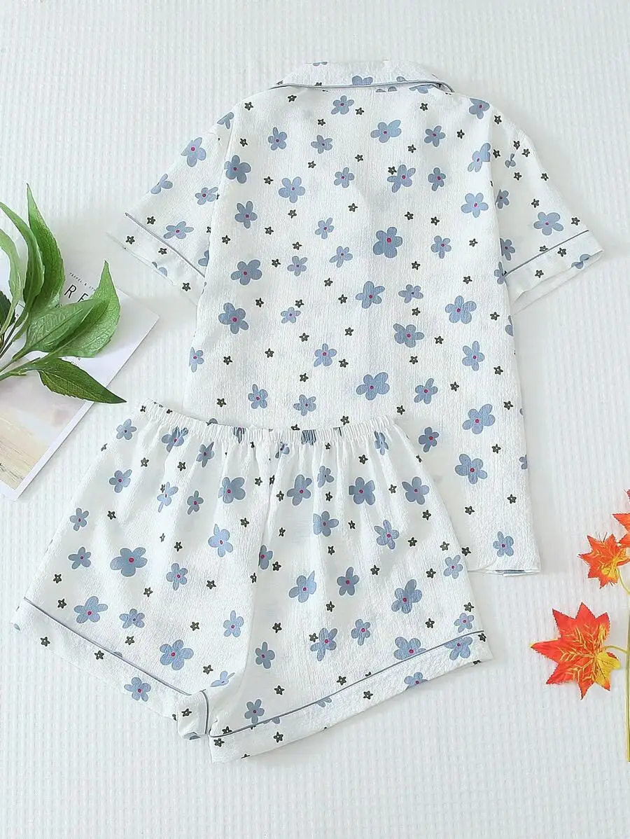 Womens Blue Floral Print Short Sleeve Button Down Pajama Set With Shorts Summer Loungewear
Womens Blue Floral Print Short Sleeve Button Down Pajama Set With Shorts Summer Loungewear
