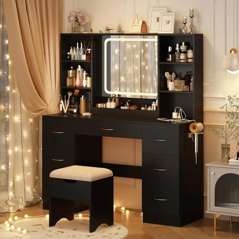 47" Large Vanity Desk with Mirror and Lights, LED Vanity Set with Stool and Power Outlet, Lighted Make up Vanity
47" Large Vanity Desk with Mirror and Lights, LED Vanity Set with Stool and Power Outlet, Lighted Make up Vanity