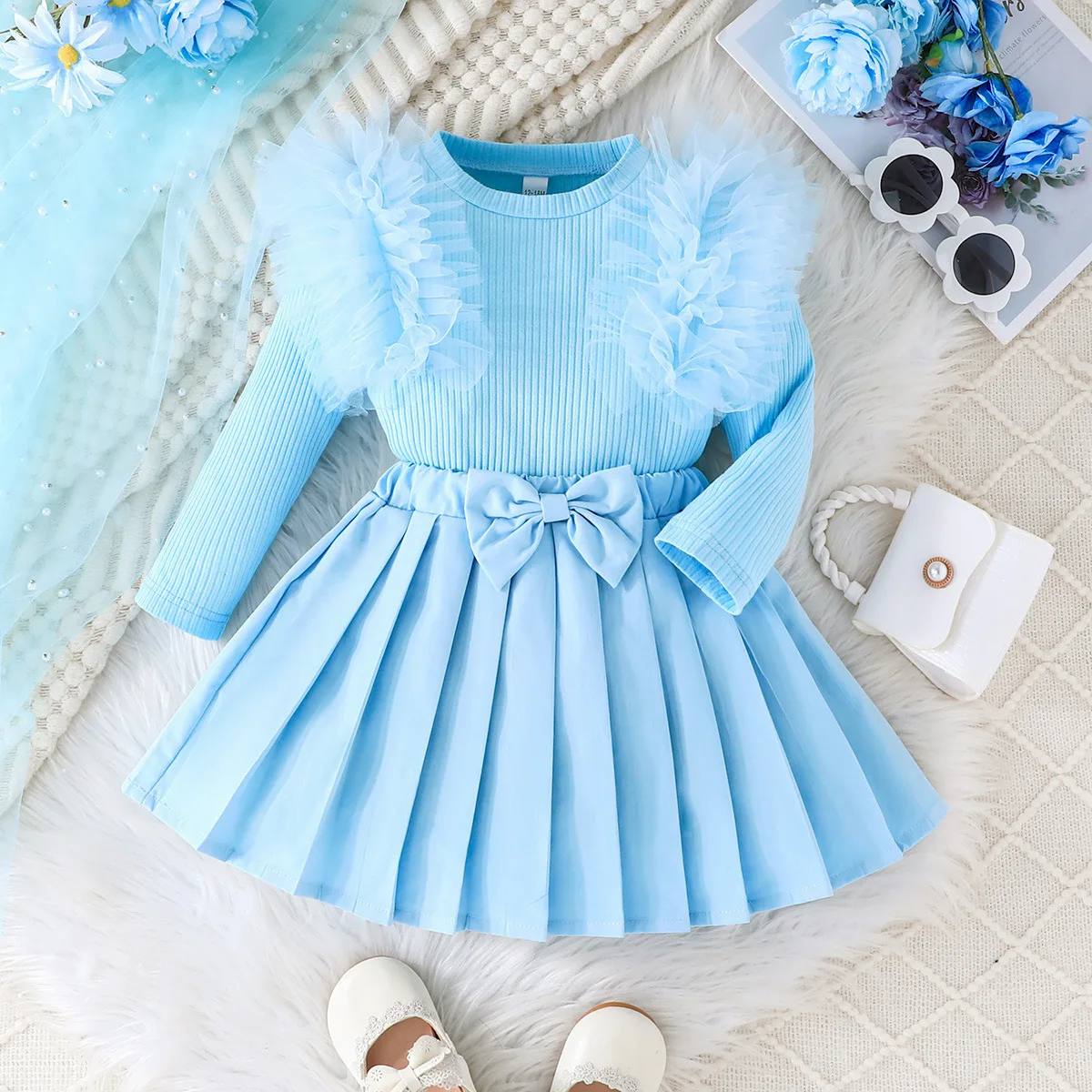 1-5Years Toddler Little Girl Fall Outfit Mesh Trim Long Sleeve Ribbed Tops Bow Elastic Waist Pleated Skirts 2 Piece Set
1-5Years Toddler Little Girl Fall Outfit Mesh Trim Long Sleeve Ribbed Tops Bow Elastic Waist Pleated Skirts 2 Piece Set