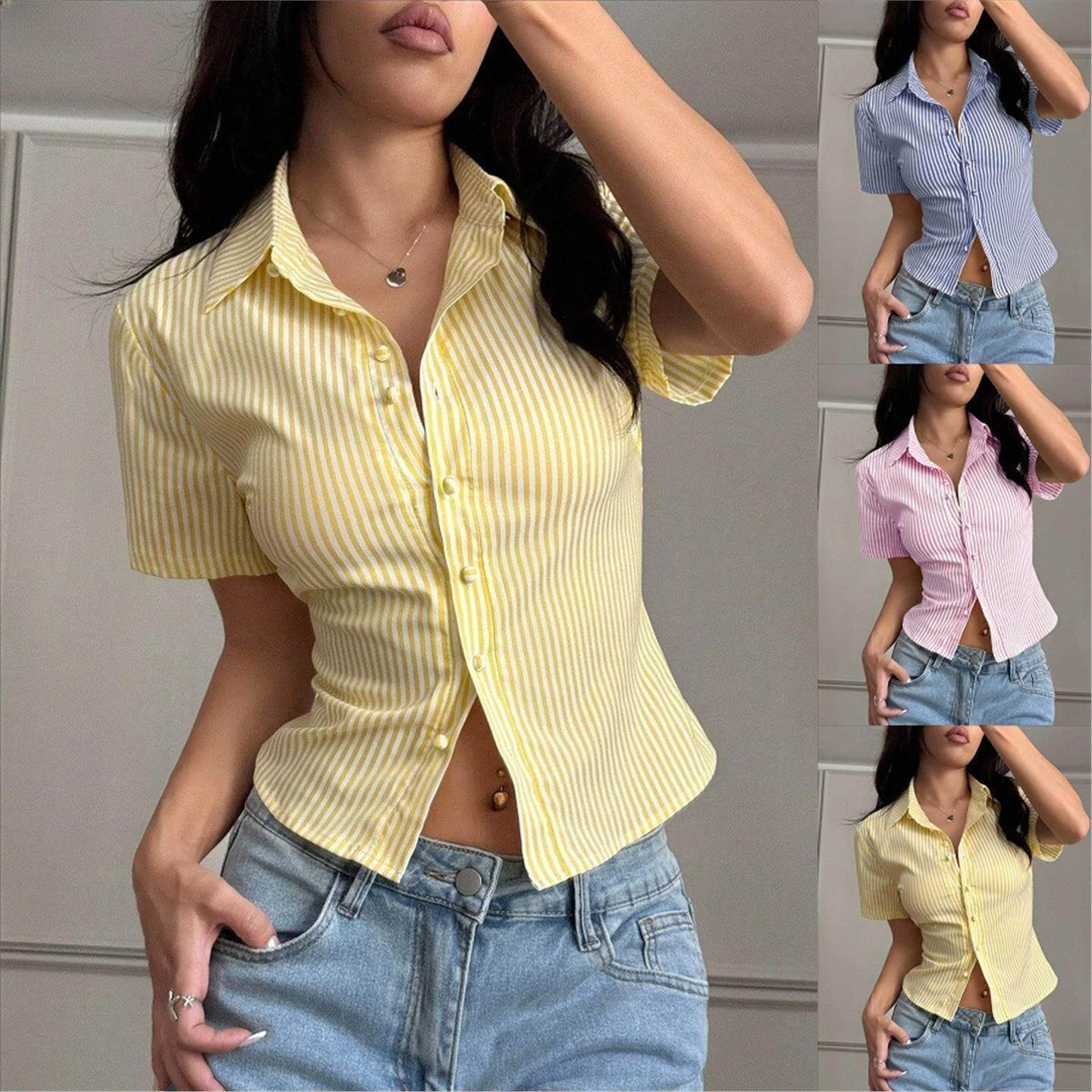 Spicy Girl Women's Summer V-neck Striped Short Sleeve Shirt Top Shortsved Shirt Fashionable Casual Wear for Adults
Spicy Girl Women's Summer V-neck Striped Short Sleeve Shirt Top Shortsved Shirt Fashionable Casual Wear for Adults