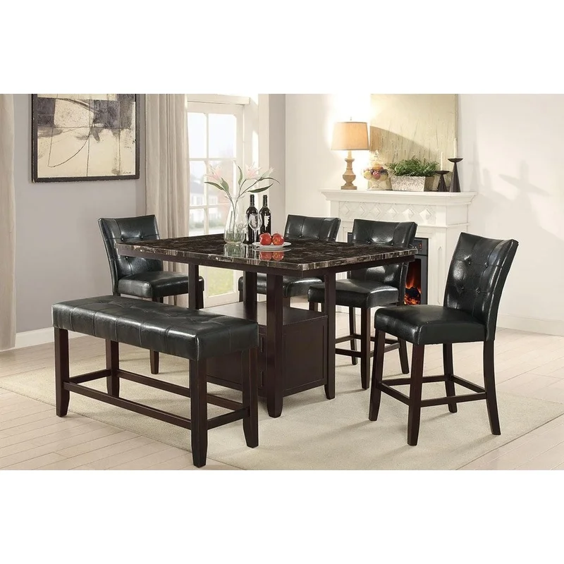 6pc Counter Height Dining Set with Storage Table, 4 High Chairs, 1 Bench, Black Faux Leather Tufted Seats, Faux Marble Top
6pc Counter Height Dining Set with Storage Table, 4 High Chairs, 1 Bench, Black Faux Leather Tufted Seats, Faux Marble Top