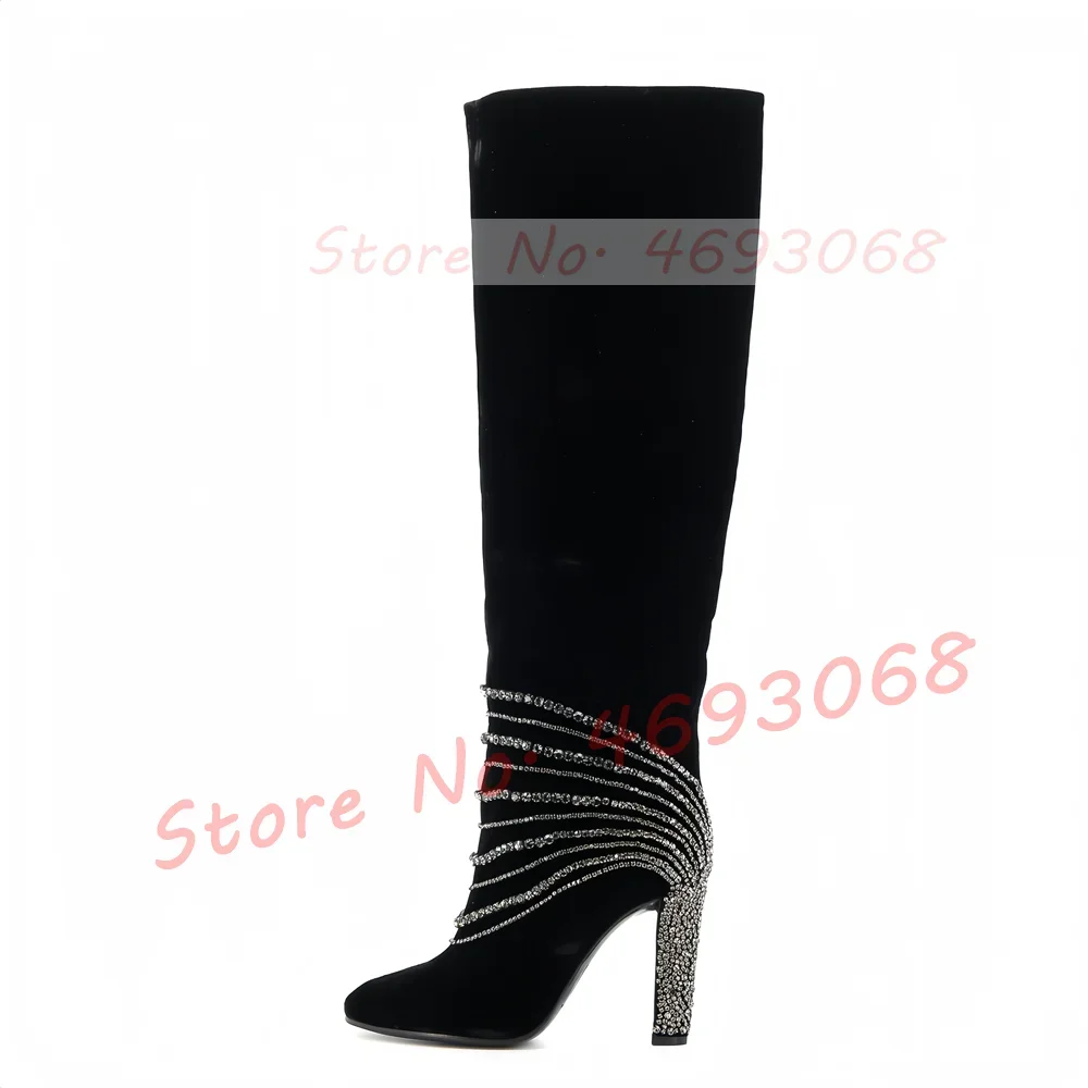 Bling Crystal Chain Black Velvet Boots Women Classy Pleated Knee High Boots Spring Pull-on Pointy Toe Rhinestone Heel Chic Shoes
Bling Crystal Chain Black Velvet Boots Women Classy Pleated Knee High Boots Spring Pull-on Pointy Toe Rhinestone Heel Chic Shoes