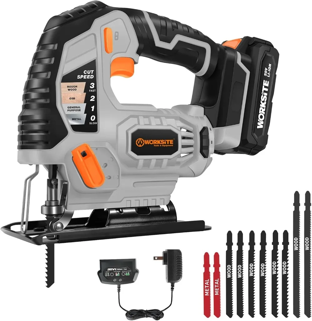 Cordless Jig Saw, 20V with LED Light, 4 Orbital Settings and Variable Speeds, 10Pcs Cutting Blades, Battery & Charger Included
Cordless Jig Saw, 20V with LED Light, 4 Orbital Settings and Variable Speeds, 10Pcs Cutting Blades, Battery & Charger Included