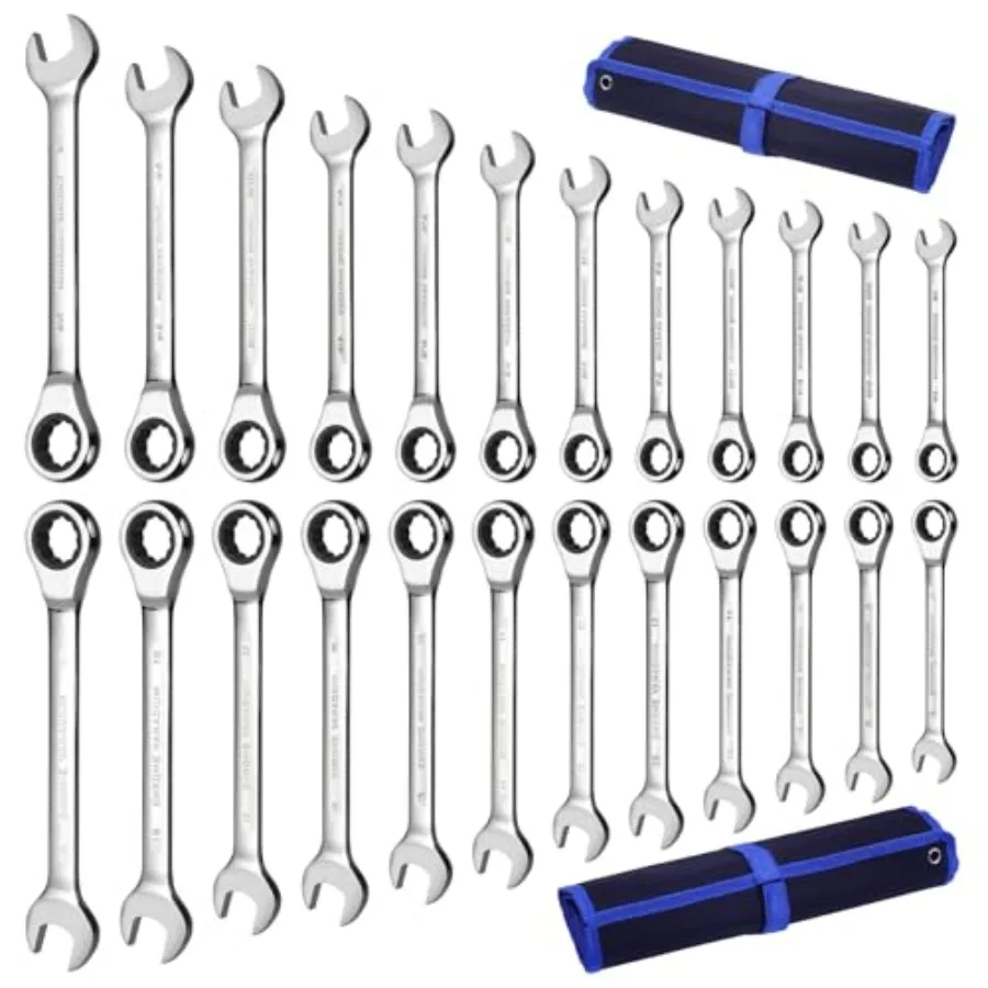 24pcs Ratcheting Wrench Set with Rollup Pouches Metric 8mm to 19mm and SAE (1/4" to 7/8") Ratchet Combination Wrenches Set Wren
24pcs Ratcheting Wrench Set with Rollup Pouches Metric 8mm to 19mm and SAE (1/4" to 7/8") Ratchet Combination Wrenches Set Wren