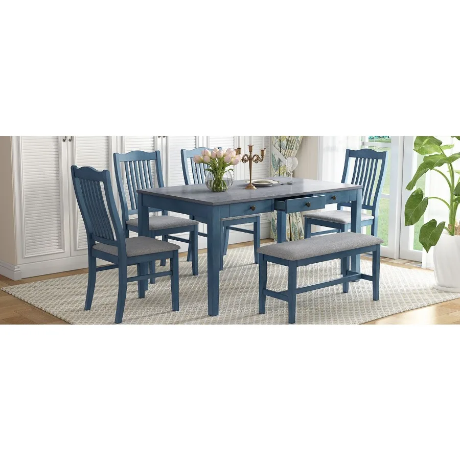 TOPMAX MidCentury 6Piece Wood Dining Table Set Kitchen Table Set with Drawer Upholstered Chairs and Bench Antique Blue
TOPMAX MidCentury 6Piece Wood Dining Table Set Kitchen Table Set with Drawer Upholstered Chairs and Bench Antique Blue