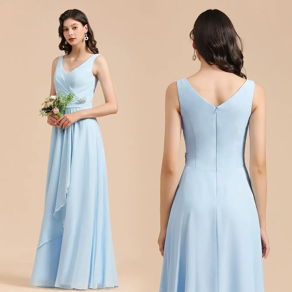 Women's V-neck Sleeveless Bridesmaid Dresses With Crystal Summer Simple Elegant Ruched Ruffles A-line Wedding Party Evening Gown
Women's V-neck Sleeveless Bridesmaid Dresses With Crystal Summer Simple Elegant Ruched Ruffles A-line Wedding Party Evening Gown