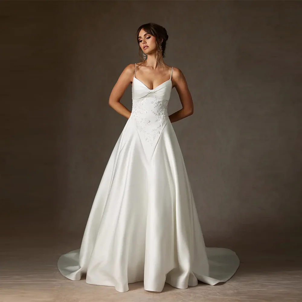 Customized A-line Satin Wedding Dress Beading Boho Spaghetti straps Customized 2025 Backless Brides Dress Vestidos De Novia
Customized A-line Satin Wedding Dress Beading Boho Spaghetti straps Customized 2025 Backless Brides Dress Vestidos De Novia