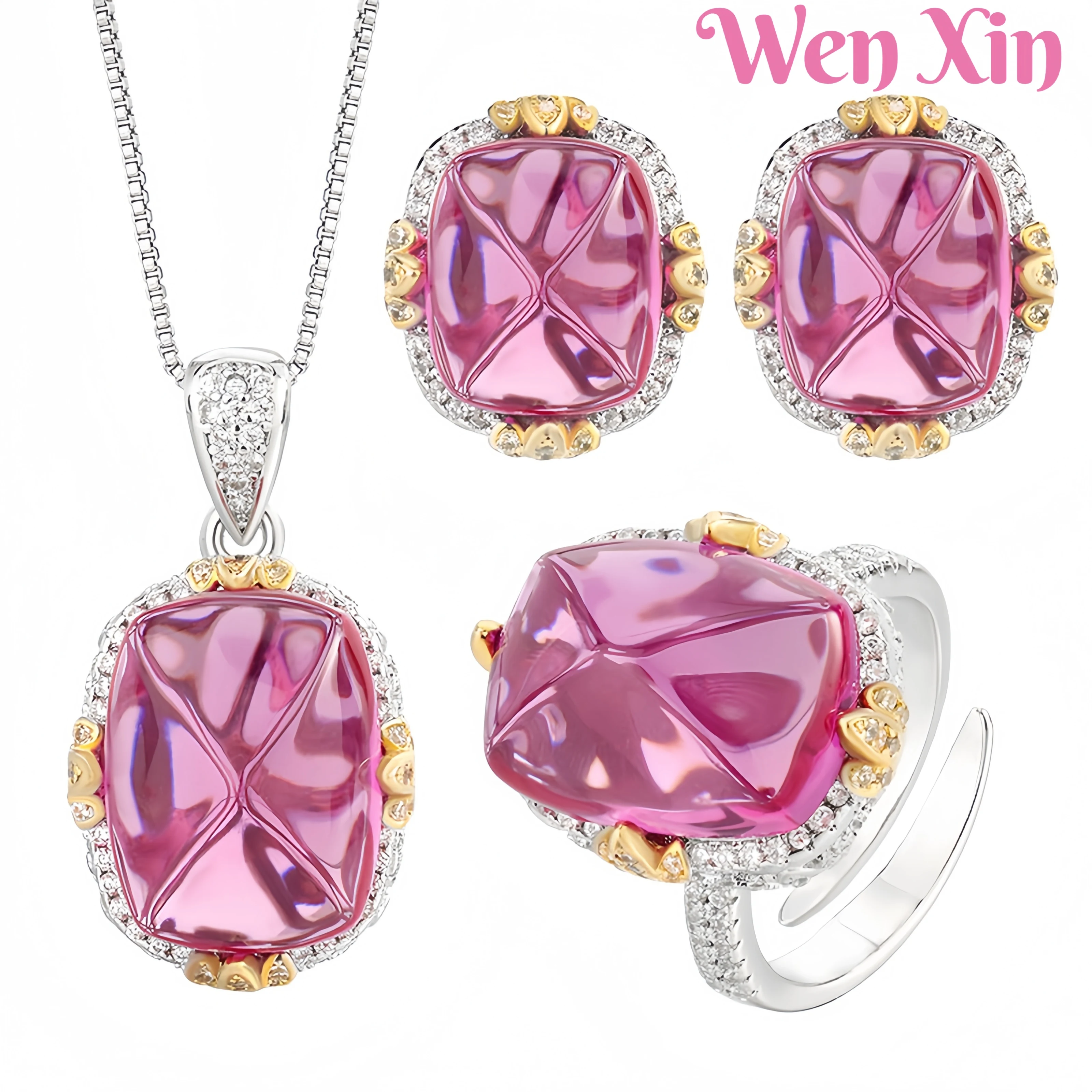 WENXIN Brand MUSHAN MCT Copper Base Simulation Red Corundum Square Ring Pendant Necklace Earring Set Fashion Jewelry Accessories 
WENXIN Brand MUSHAN MCT Copper Base Simulation Red Corundum Square Ring Pendant Necklace Earring Set Fashion Jewelry Accessories