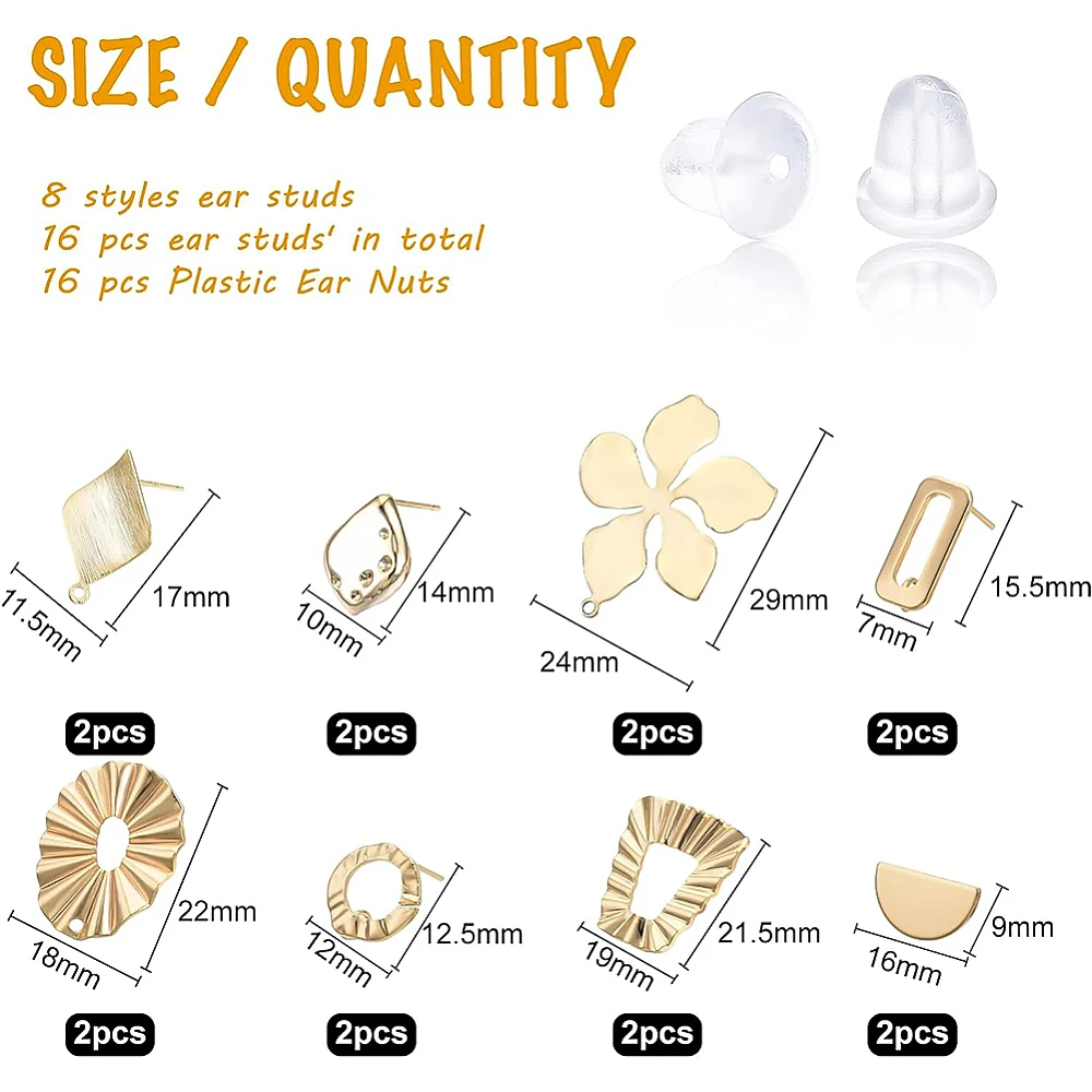 32PCS(16 Pair) 18K Gold Plated Brass Stud Earring Flower/Oval/Rhombus Stud Earring with Loop for DIY Earring Making Supplies
32PCS(16 Pair) 18K Gold Plated Brass Stud Earring Flower/Oval/Rhombus Stud Earring with Loop for DIY Earring Making Supplies