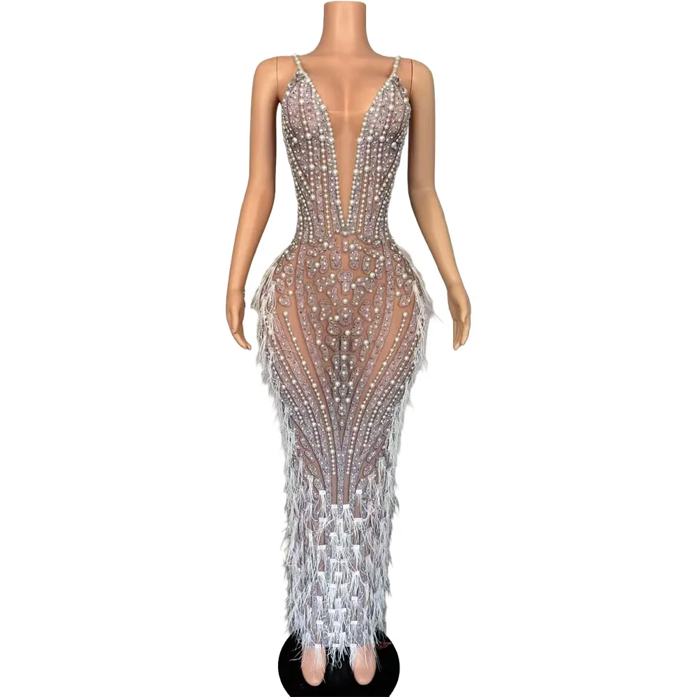 Sparkly Rhinestone Pearls See Through Mesh Deep V Neck Evening Gown Strapless Tight Fitting Long Dress Photo Shoot Stage Wear
Sparkly Rhinestone Pearls See Through Mesh Deep V Neck Evening Gown Strapless Tight Fitting Long Dress Photo Shoot Stage Wear