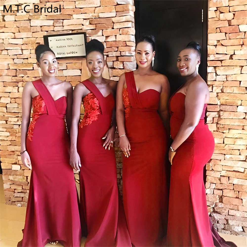 Custom Made 2025 Long Burgundy Bridesmaid Dresses For Black Girls One Shoulder Mermaid Appliques Satin Wedding Guest Gowns Cheap
Custom Made 2025 Long Burgundy Bridesmaid Dresses For Black Girls One Shoulder Mermaid Appliques Satin Wedding Guest Gowns Cheap