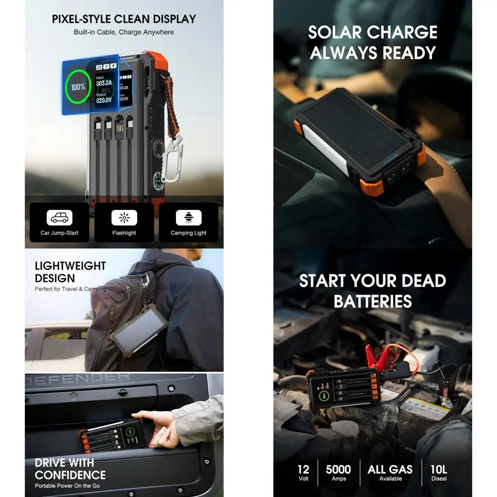 Солнечный стартер, пиковое автомобильное аккумуляторное устройство 5000 А, 12 В для газовых и дизельных двигателей до 10,0 л и 6,0 л, портативный автомобильный стартер
Солнечный стартер, пиковое автомобильное аккумуляторное устройство 5000 А, 12 В для газовых и дизельных двигателей до 10,0 л и 6,0 л, портативный автомобильный стартер