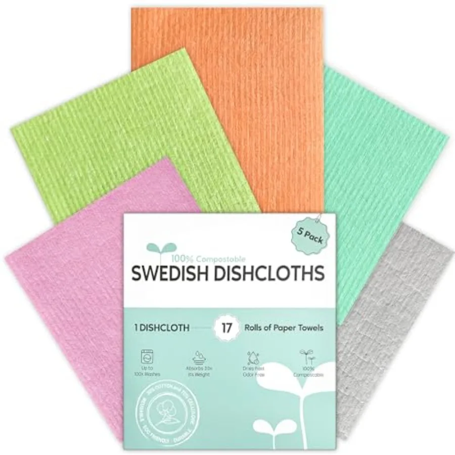 Swedish Dishcloths for Kitchen, 5 Pack Swedish Dish Cloths, Ultra Absorbent Reusable Paper Towels, Cellulose Sponge Cloths, Qui
Swedish Dishcloths for Kitchen, 5 Pack Swedish Dish Cloths, Ultra Absorbent Reusable Paper Towels, Cellulose Sponge Cloths, Qui