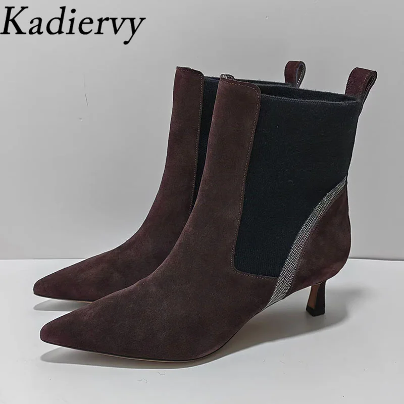New Kitten Heels Ankle Boots Woman Pointed Toe Cow Suede Chain String Bead Party Shoes Women High Heels Short Boots Women Botas
New Kitten Heels Ankle Boots Woman Pointed Toe Cow Suede Chain String Bead Party Shoes Women High Heels Short Boots Women Botas