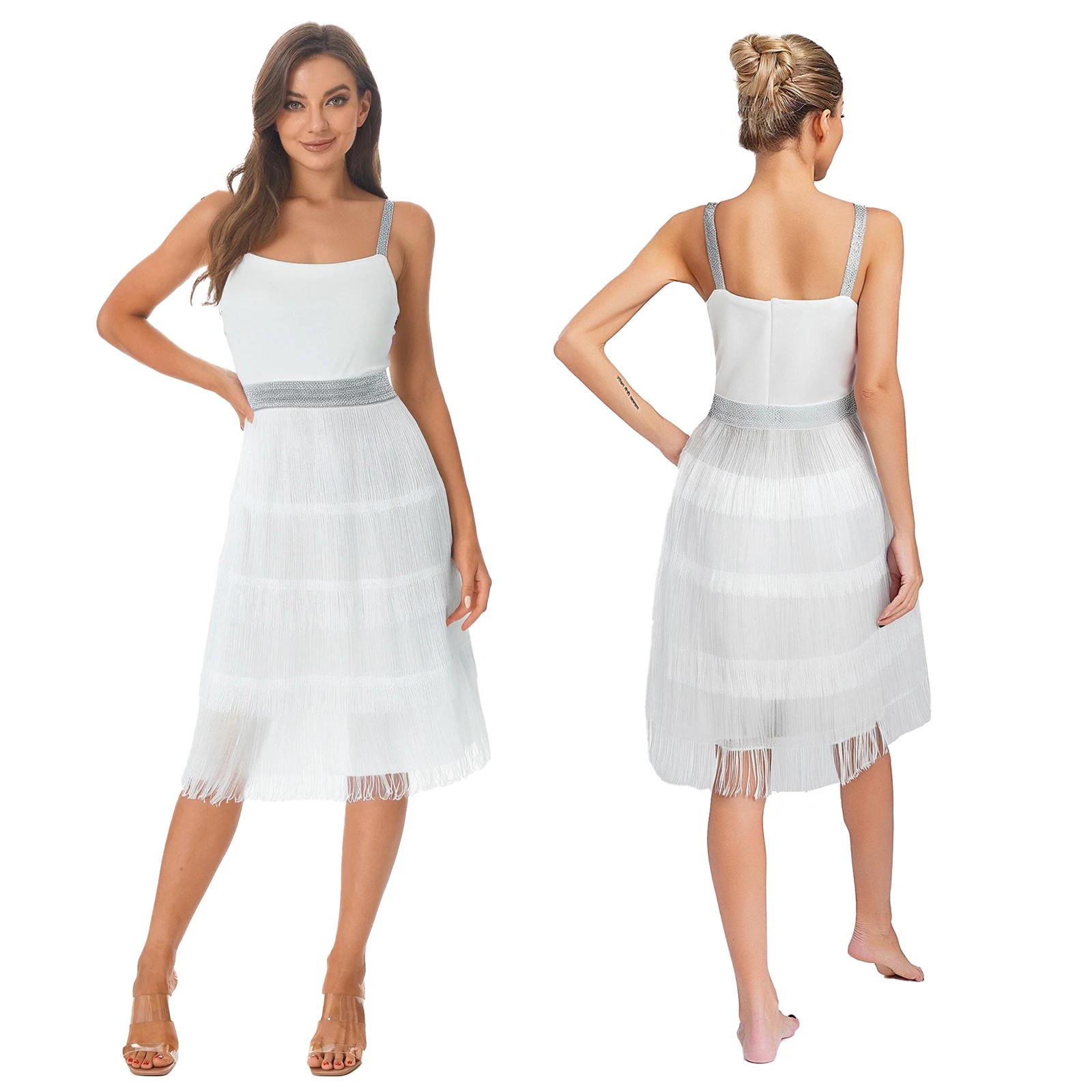 Womens Jazz Ballroom Latin Chacha Tassel Dance Dress Shiny Bodycon Dress High Waist A-line Mini Dress for Disco Club Raves Party 
Womens Jazz Ballroom Latin Chacha Tassel Dance Dress Shiny Bodycon Dress High Waist A-line Mini Dress for Disco Club Raves Party