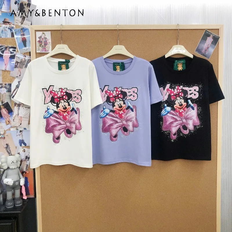 2026 Summer New Korean Style Fashion Cartoon Rhinestone Print T-shirt Pure Cotton Loose Casual Short Sleeved Tshirts For Ladies
2026 Summer New Korean Style Fashion Cartoon Rhinestone Print T-shirt Pure Cotton Loose Casual Short Sleeved Tshirts For Ladies