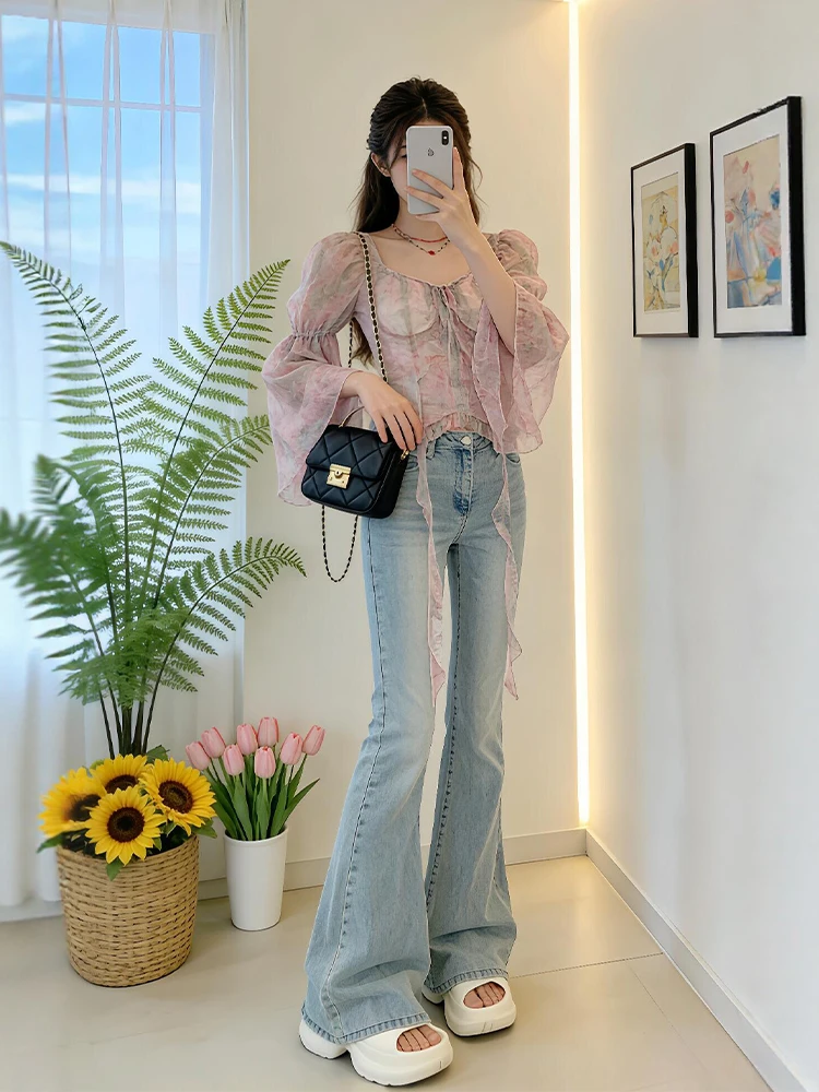 Pink Chiffon Top And Jeans Set Women's Fashion Korean Style Spring Collection High Waist Loose Fit Long Sleeve round Neck
Pink Chiffon Top And Jeans Set Women's Fashion Korean Style Spring Collection High Waist Loose Fit Long Sleeve round Neck