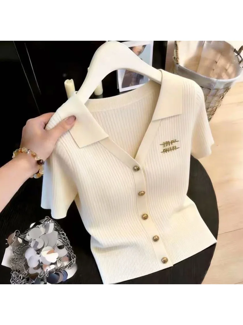 Elegant Neck Ice Silk Short Sleeve T-Shirt Women's Fashion Slimming Top Bright Thread Luxury Style Casual Wear
Elegant Neck Ice Silk Short Sleeve T-Shirt Women's Fashion Slimming Top Bright Thread Luxury Style Casual Wear