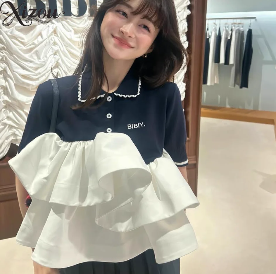 Short Sleeve Tops Japanese Style Hem Ruffle Casual T-Shirt for Women Patchwork Polo Collar Fake Two-Piece Women's Knitted Tee
Short Sleeve Tops Japanese Style Hem Ruffle Casual T-Shirt for Women Patchwork Polo Collar Fake Two-Piece Women's Knitted Tee