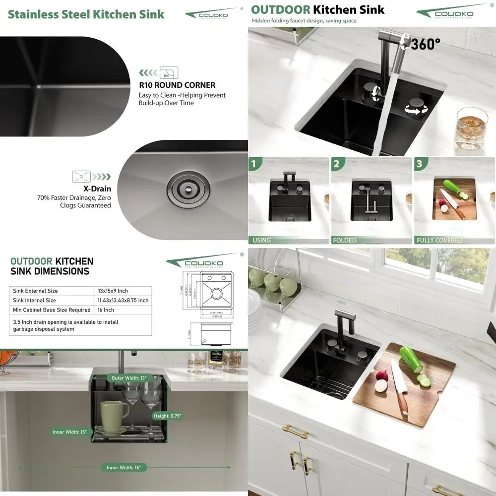 Black Undermount Outdoor Kitchen Sink, 13x15, Concealed Faucet, NANO PVD Stainless Steel, Single Bowl, Handmade Workstation
Black Undermount Outdoor Kitchen Sink, 13x15, Concealed Faucet, NANO PVD Stainless Steel, Single Bowl, Handmade Workstation