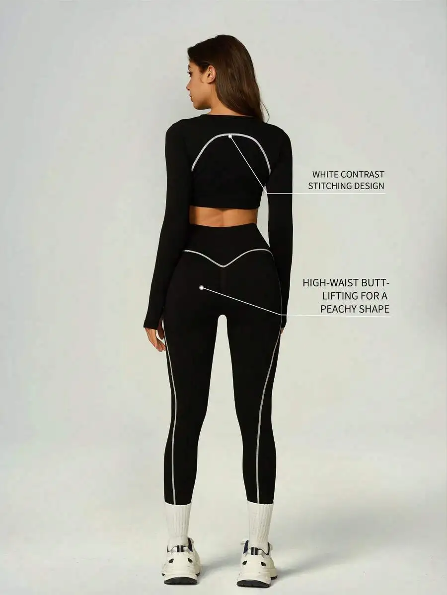 Women Seamless Sports Set Long Sleeve Cropped Top High Waist Sculpting Leggings Contrast Stitching
Women Seamless Sports Set Long Sleeve Cropped Top High Waist Sculpting Leggings Contrast Stitching