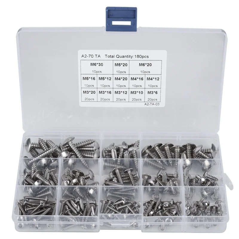 180Pcs M3 M4 M5 M6 Stainless Steel Flat Head Self Tapping Screws Assortment Set For Multiple Purpose
180Pcs M3 M4 M5 M6 Stainless Steel Flat Head Self Tapping Screws Assortment Set For Multiple Purpose