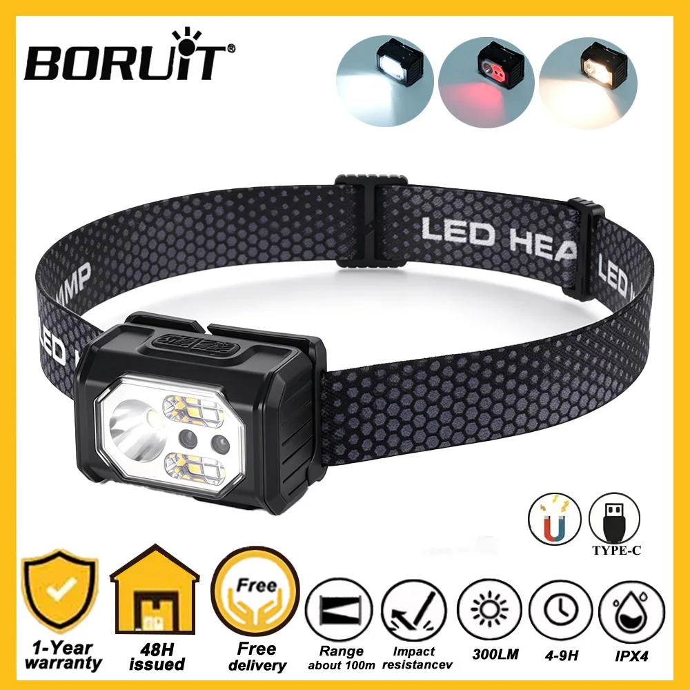 BORUiT Induction Headlamp 300LM XPG 6 Modes Warm Red White Light USB Rechargeable Head Light IPX4 Outdoor Camping Head Torch
BORUiT Induction Headlamp 300LM XPG 6 Modes Warm Red White Light USB Rechargeable Head Light IPX4 Outdoor Camping Head Torch