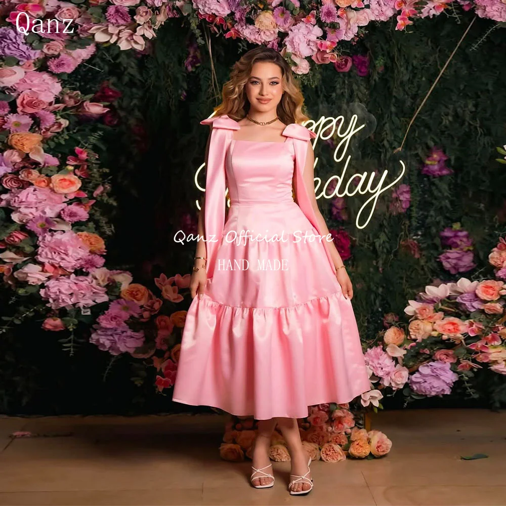 Qanz Elegant Pink Evening Dresses Bow Straps Satin A Line Tea Length Birthday Dresses Lace Up Back Vestidos De Festa Customized
Qanz Elegant Pink Evening Dresses Bow Straps Satin A Line Tea Length Birthday Dresses Lace Up Back Vestidos De Festa Customized