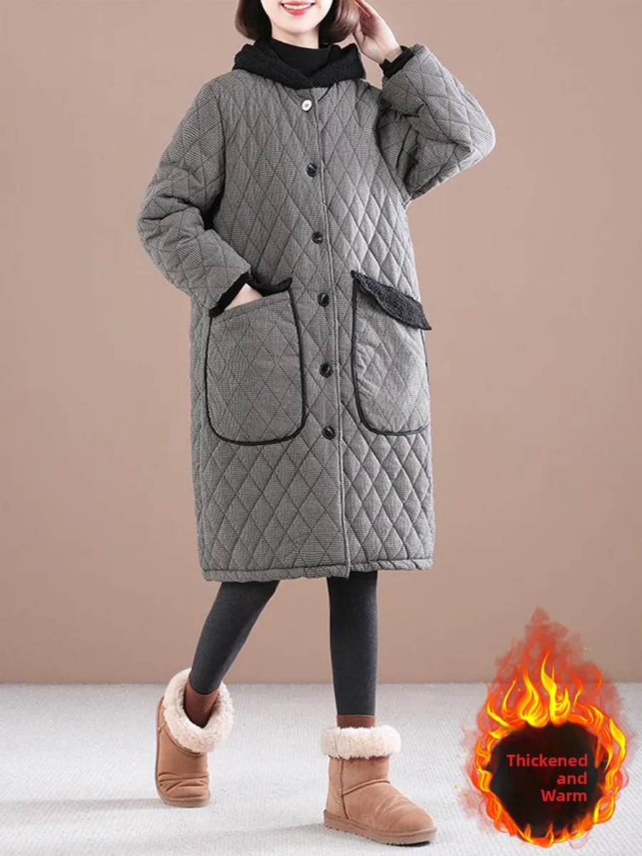 Retro plus Size Cotton Jacket Women's Mid-Length Winter Thickened Warm Casual Loose Cotton Coat with Hood Button Pocket
Retro plus Size Cotton Jacket Women's Mid-Length Winter Thickened Warm Casual Loose Cotton Coat with Hood Button Pocket