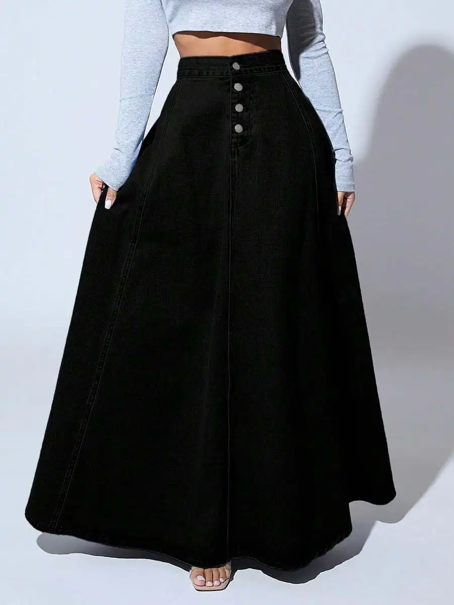 Solid Color Front Button Closure Elegant Work Wear Long Denim A-Line Skirt
Solid Color Front Button Closure Elegant Work Wear Long Denim A-Line Skirt