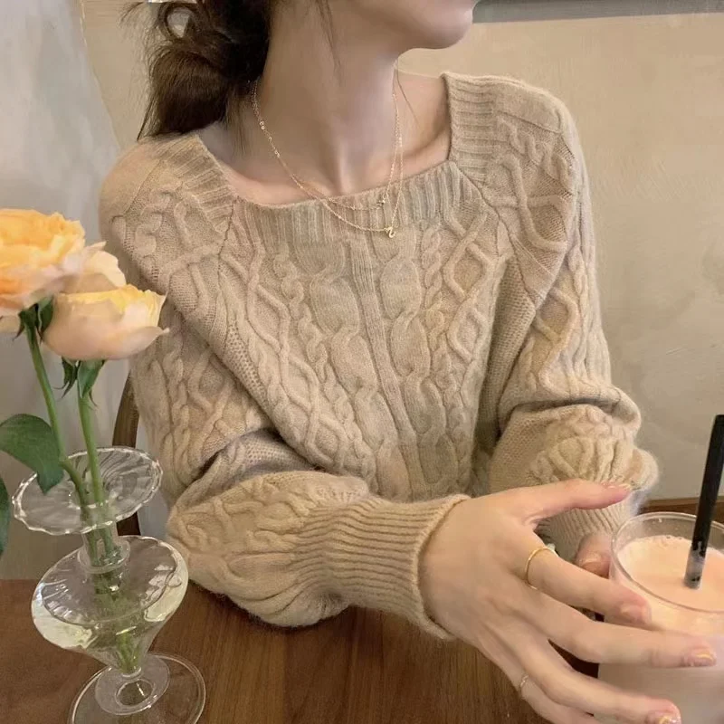 Fashion Square Neck Sweater Retro Thickened Twists Pullover Korean Style Loose Outerwear Sweater Casual New Bottoming Tops 29139
Fashion Square Neck Sweater Retro Thickened Twists Pullover Korean Style Loose Outerwear Sweater Casual New Bottoming Tops 29139