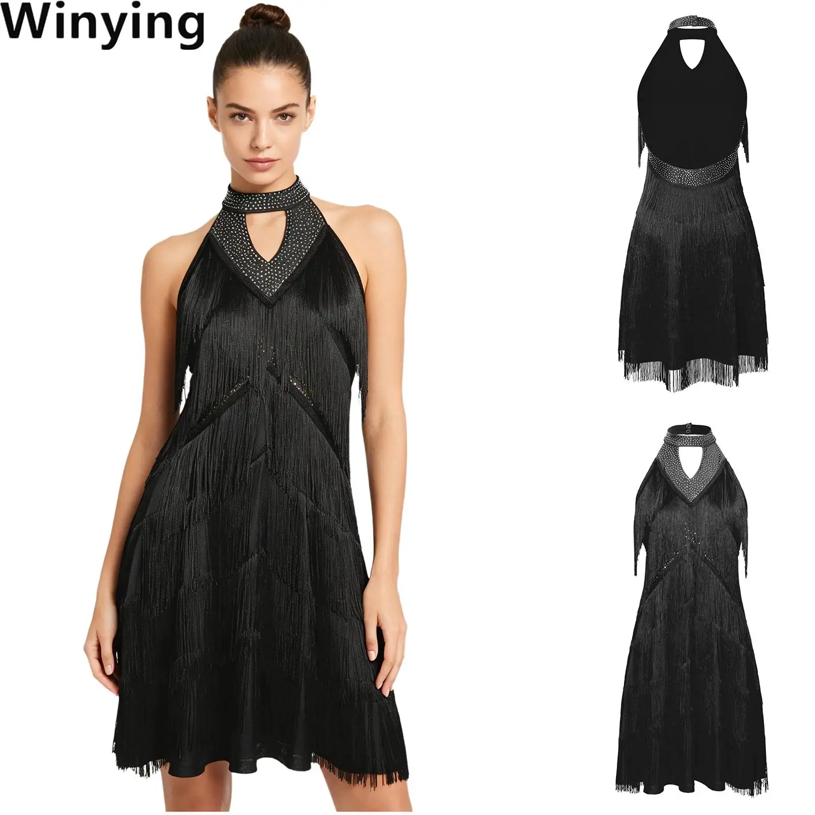 Women Latin Tango Dance Dress Rhinestones Tiered Tassel Backless Halter Front Keyhole Fringed Dress for Flamenco Samba Ballroom
Women Latin Tango Dance Dress Rhinestones Tiered Tassel Backless Halter Front Keyhole Fringed Dress for Flamenco Samba Ballroom