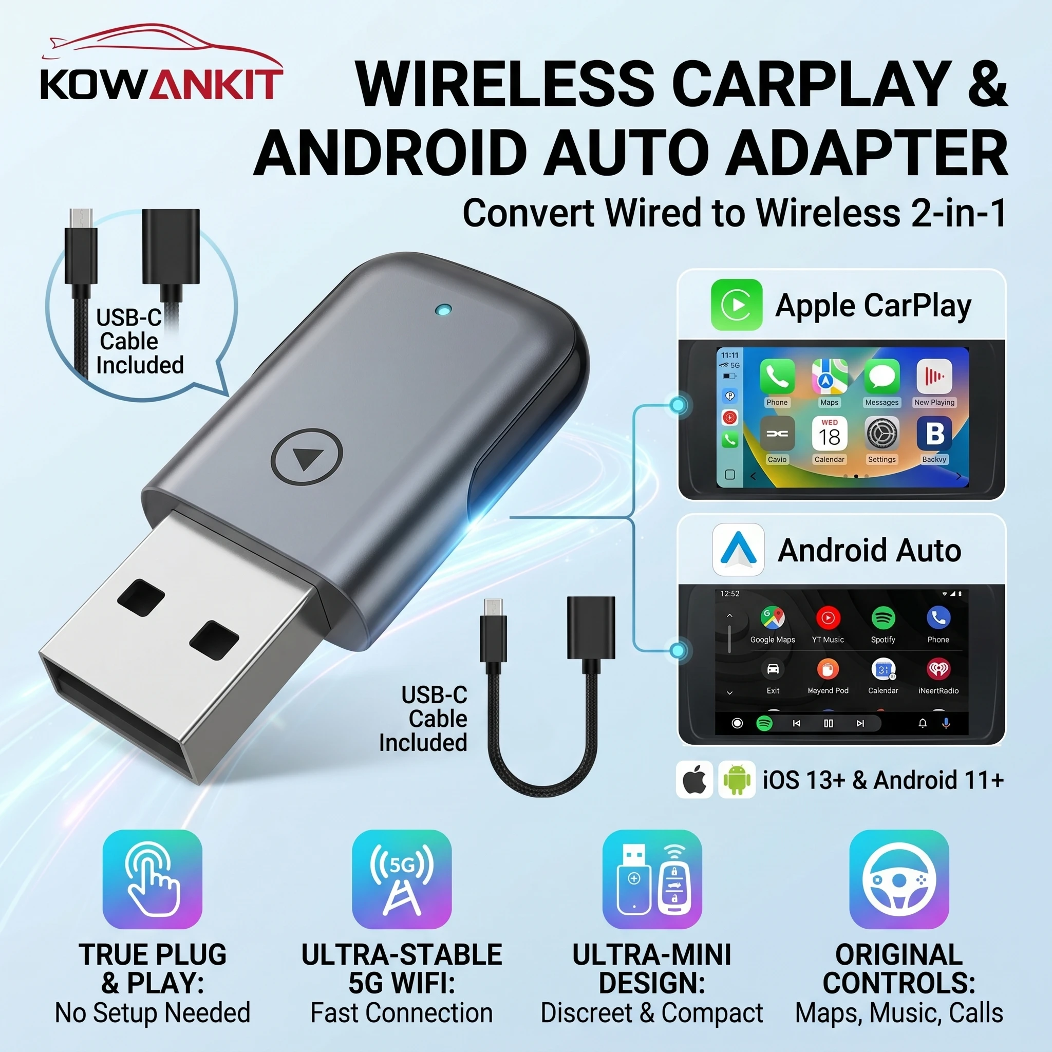 Kowankit 2026 Wireless CarPlay USB Adapter Android Auto 2 in 1 Car Dongle Plug & Play For Toyota Nissan Honda Ford Benz VW
Kowankit 2026 Wireless CarPlay USB Adapter Android Auto 2 in 1 Car Dongle Plug & Play For Toyota Nissan Honda Ford Benz VW