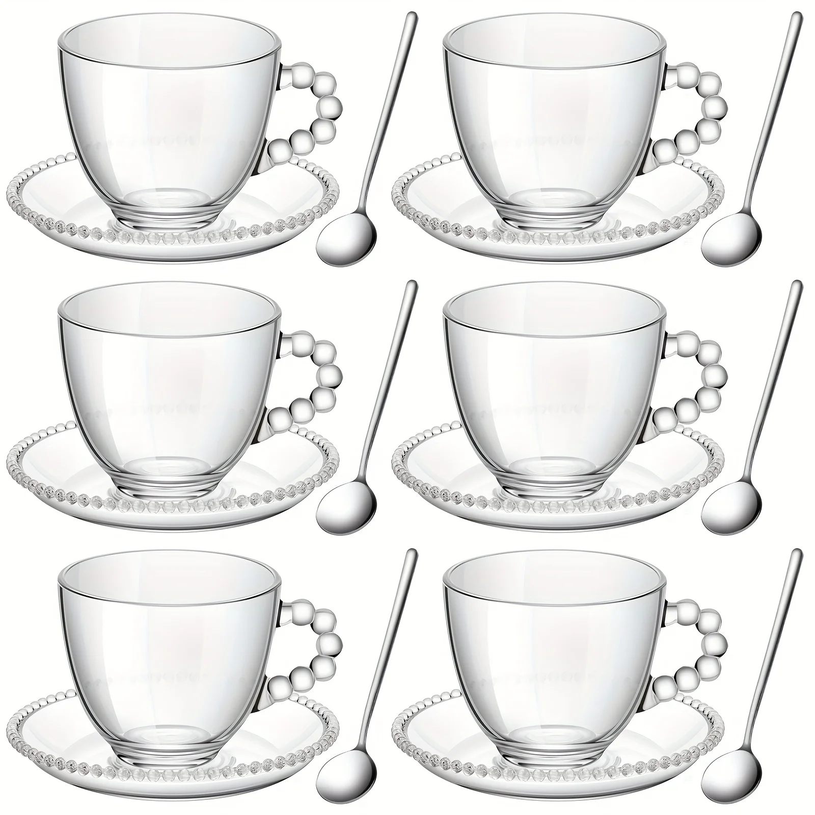 Collection of 6 Transparent Coffee Mugs with Saucers, Each 8 Oz, Featuring an Adorable Bead Design. These Petite Demitasse Cups Come with 6 Stainless Steel Spoons, Perfect for Serving Cappuccino, Tea, Latte, Mocha, Milk, Or Juice
Collection of 6 Transparent Coffee Mugs with Saucers, Each 8 Oz, Featuring an Adorable Bead Design. These Petite Demitasse Cups Come with 6 Stainless Steel Spoons, Perfect for Serving Cappuccino, Tea, Latte, Mocha, Milk, Or Juice