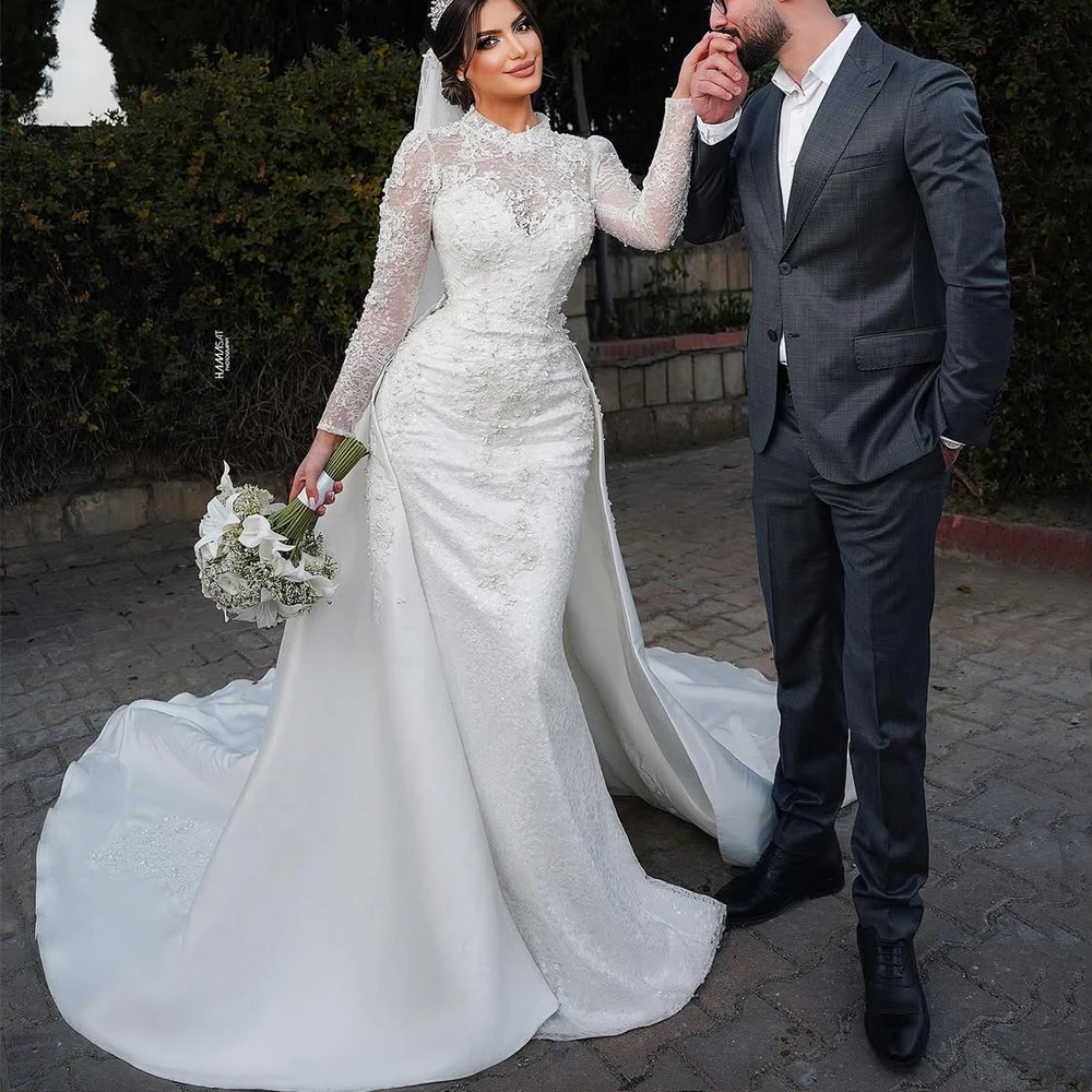Exquisite Mermaid Wedding Dress High Neck Illusion Long Sleeve Lace and Applique Luxury with Detachable Train Customized Gowns 
Exquisite Mermaid Wedding Dress High Neck Illusion Long Sleeve Lace and Applique Luxury with Detachable Train Customized Gowns