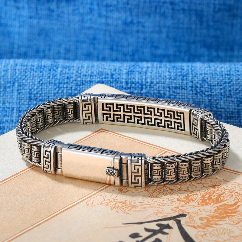 925 Silver Woven Bracelet for Men Classic Vintage Carven Design Geometric Texture National Style Buckle Bangles Retro Jewelry
925 Silver Woven Bracelet for Men Classic Vintage Carven Design Geometric Texture National Style Buckle Bangles Retro Jewelry