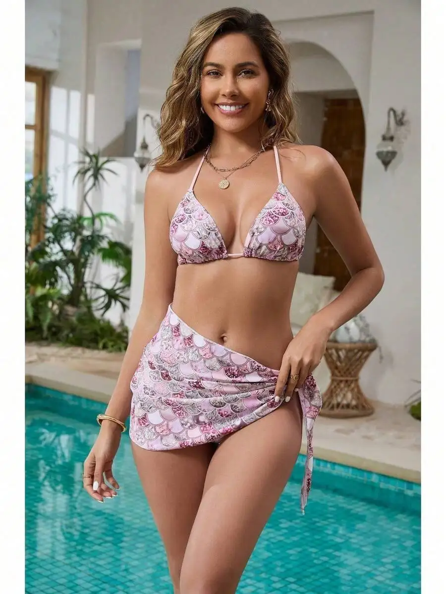 Pink Shell Print Triangle Bikini Set With Adjustable Straps And Wrap Skirt
Pink Shell Print Triangle Bikini Set With Adjustable Straps And Wrap Skirt